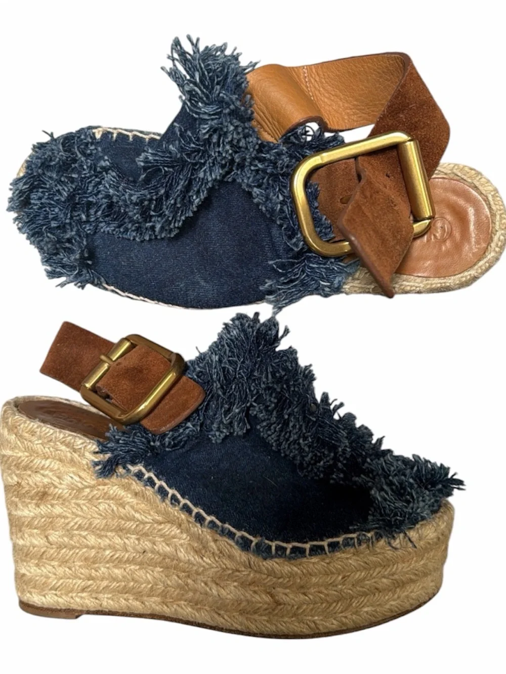 Chloé Blue Denim Fringe Wedge Sandals Size EU 36